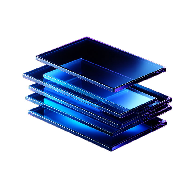 Painéis de vidro 3D representando criação de sites